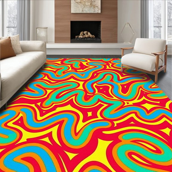 ODIKA 4' x 6' Machine Washable Non-Slip Area Rug, Psychedelic Squiggle High Traffic Rug, Red, 392302