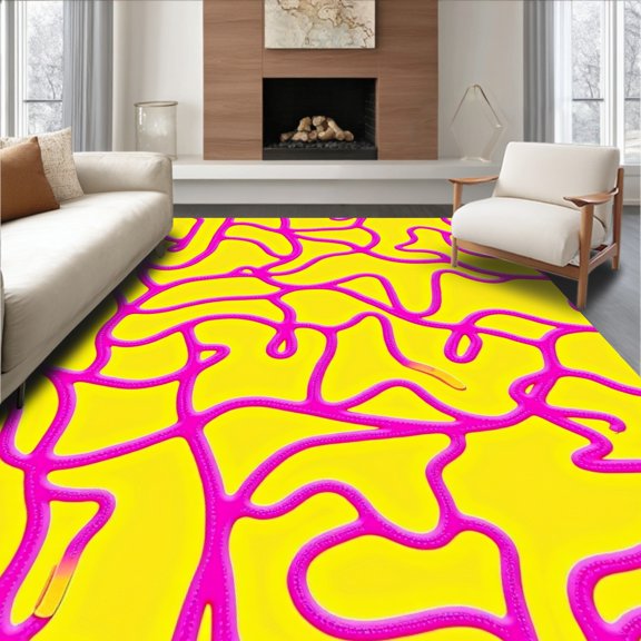 ODIKA 4' x 6' Machine Washable Non-Slip Area Rug, Psychedelic Squiggles High Traffic Rug, Yellow, 342231