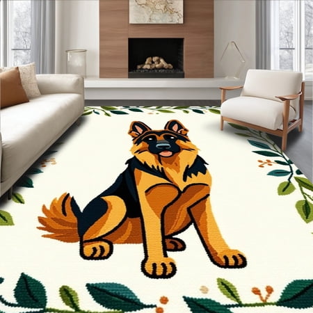 ODIKA 4'x6' Machine Washable Non-Slip Area Rug, Playful Pooch Porch Indoor Entryway High Traffic Rug, Ivory, 101043