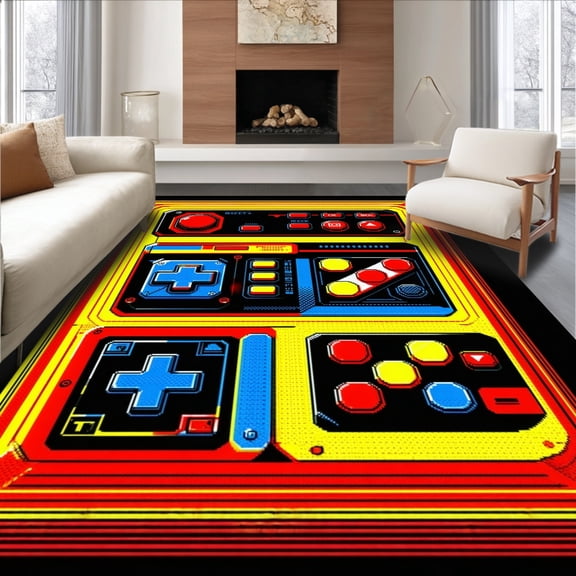 ODIKA 4'x6' Machine Washable Non-Slip Area Rug, Retro Arcade Control Accent Vintage Gaming Console Design High Traffic Rug, Red, 149677