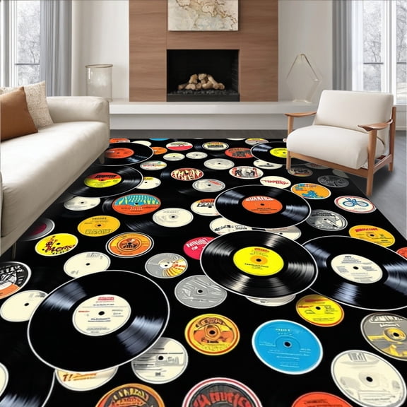 ODIKA 4'x6' Machine Washable Non-Slip Area Rug, Vintage Vinyl Music Record with Iconic Rock Band Designs High Traffic Rug, Black, 69466