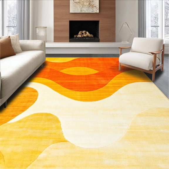 ODIKA 4'x6' Machine Washable Non-Slip Area Rug, Whimsical Waves Entrance High Traffic Rug, Orange, 146371