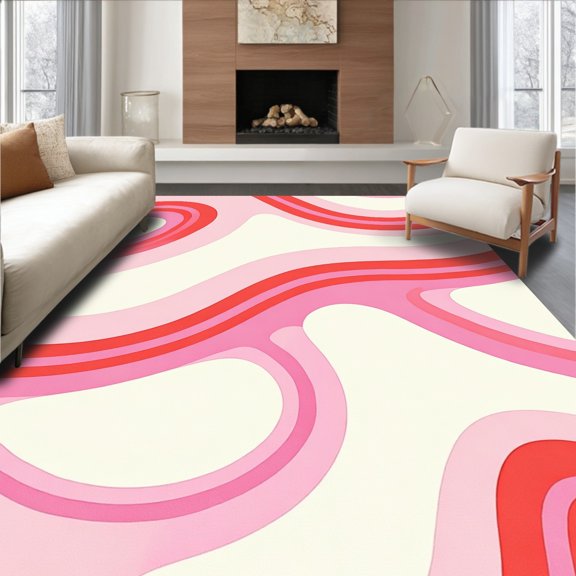 ODIKA 4' x 6' Machine Washable Non-Slip Area Rug, Retro Wave High Traffic Rug, Pink, 398391