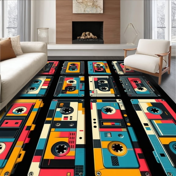 ODIKA 4'x6' Machine Washable Non-Slip Area Rug, Mixtape Art Personalized Soundtrack Entrance High Traffic Rug, Red, 72144