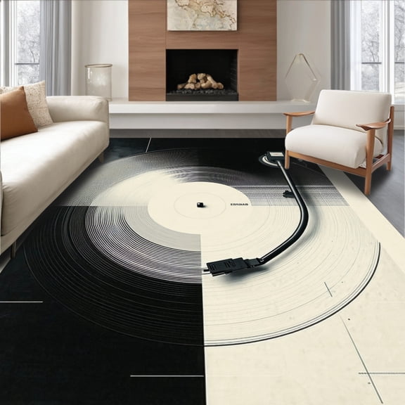 ODIKA 4'x6' Machine Washable Non-Slip Area Rug, Modern Soundwave Record with Artistic Turntable Inspired Design High Traffic Rug, Black, 88447