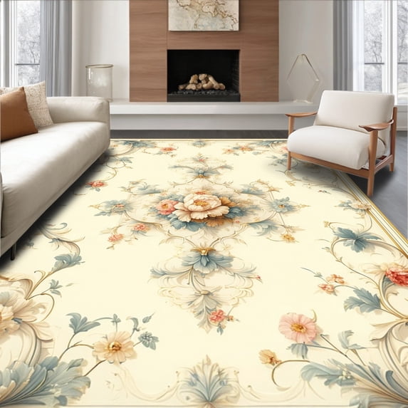 ODIKA 4'x6' Machine Washable Non-Slip Area Rug, Traditional Blossom Featuring Ornate Medallion and Subtle Beige Palette High Traffic Rug, Ivory, 49007
