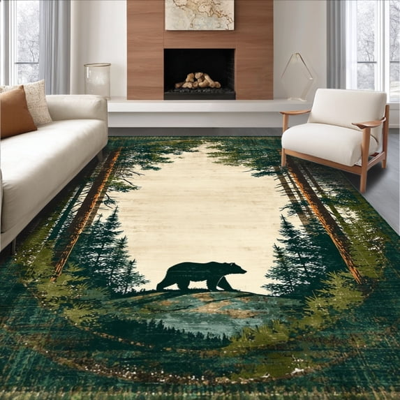 ODIKA 4'x6' Machine Washable Non-Slip Area Rug, Retreat Circular With Wilderness Scene and Bear Artwork High Traffic Rug, Green, 138353