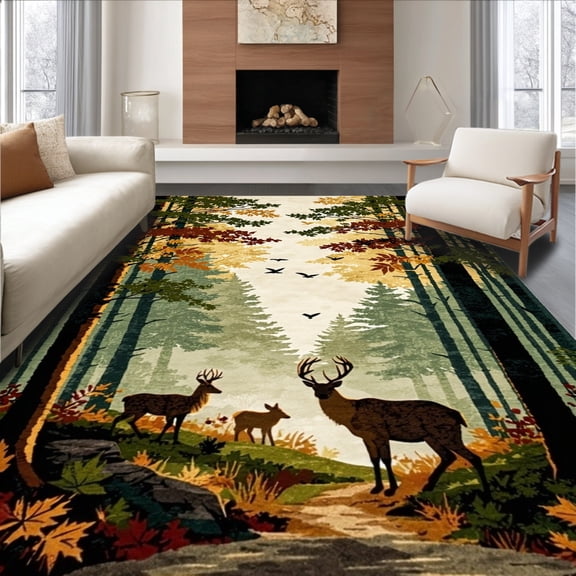 ODIKA 4'x6' Machine Washable Non-Slip Area Rug, Forest Path Rustic Cabin Wildlife Design High Traffic Rug, Brown, 139714