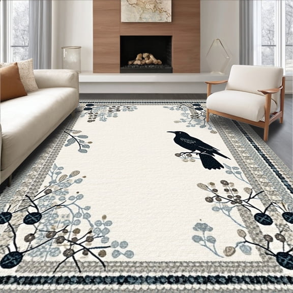 ODIKA 4' x 6' Machine Washable Non-Slip Area Rug, Scandinavian Bird High Traffic Rug, Gray, 198005