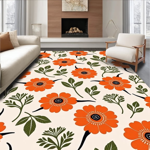 ODIKA 4' x 6' Machine Washable Non-Slip Area Rug, Scandinavian Flower High Traffic Rug, Orange, 348061