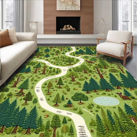 ODIKA 4' x 6' Machine Washable Non-Slip Area Rug, Scandinavian Pine-Tree High Traffic Rug, Green, 28971
