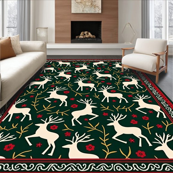 ODIKA 4' x 6' Machine Washable Non-Slip Area Rug, Scandinavian deer High Traffic Rug, Green, 632229