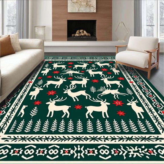 ODIKA 4' x 6' Machine Washable Non-Slip Area Rug, Scandinavian deer High Traffic Rug, Green, 735322