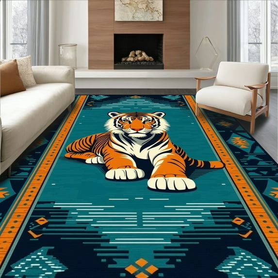 ODIKA 4'x6' Machine Washable Non-Slip Area Rug, Vibrant Animal Aesthetic High Traffic Rug, Blue, 30199