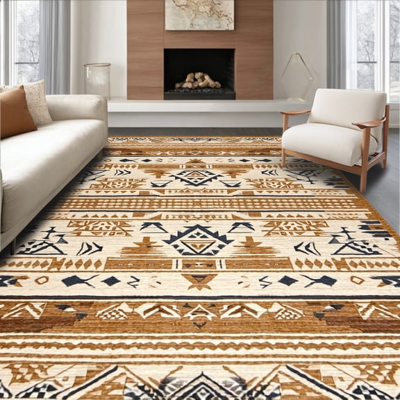 ODIKA 4' x 6' Machine Washable Non-Slip Area Rug, Southwestern Triangle High Traffic Rug, Beige, 25984