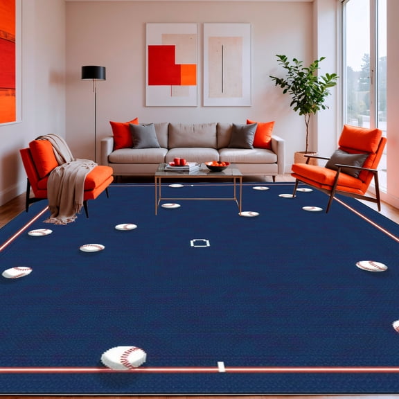 ODIKA 4'x6' Machine Washable Non-Slip Area Rug, Sporty Stitched Baseballs Design Playful Athletic Theme High Traffic Rug, navy, 129644