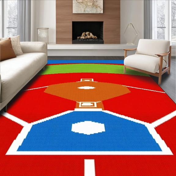 ODIKA 4'x6' Machine Washable Non-Slip Area Rug, Baseball Field High Traffic Rug, Red, 101806