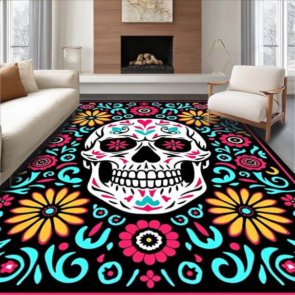 ODIKA 4' x 6' Machine Washable Non-Slip Area Rug, Sugar Skull skull High Traffic Rug, Pink, 743469