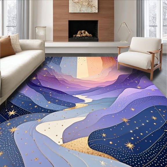 ODIKA 4'x6' Machine Washable Non-Slip Area Rug, Celestial Starburst Motif with Dreamy Ombre Waves and Sparkle Accents High Traffic Rug, Gold, 141661