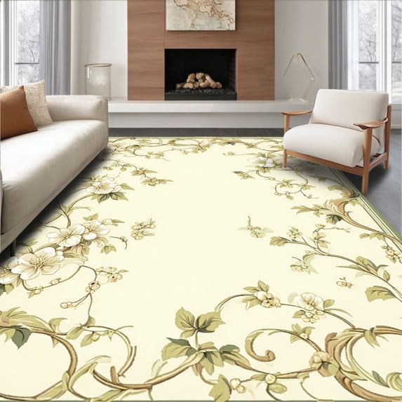 ODIKA 4'x6' Machine Washable Non-Slip Area Rug, Elegant Botanical Motif with Vintage Floral Scrollwork Beige High Traffic Rug, Ivory, 206526