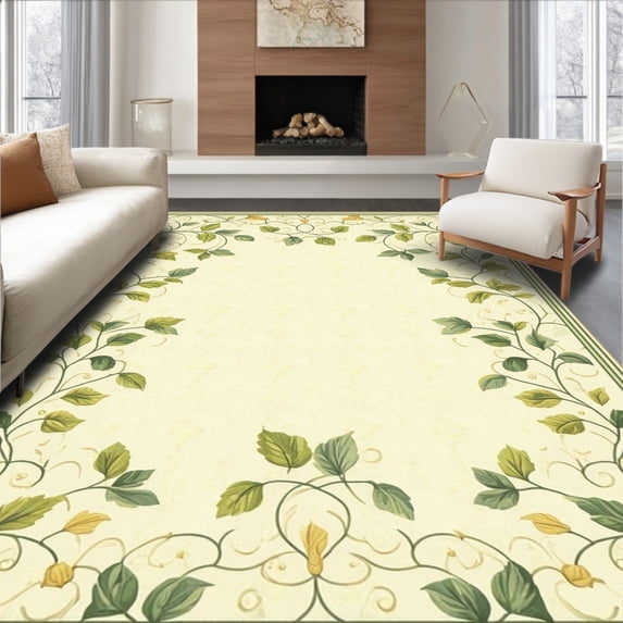 ODIKA 4'x6' Machine Washable Non-Slip Area Rug, Verdant Trellis Design Subtle Botanical Print High Traffic Rug, Beige, 207170