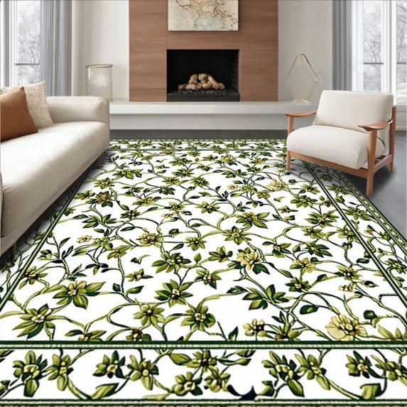 ODIKA 4'x6' Machine Washable Non-Slip Area Rug, Verdant Meadow Floral Accent High Traffic Rug, Green, 207379