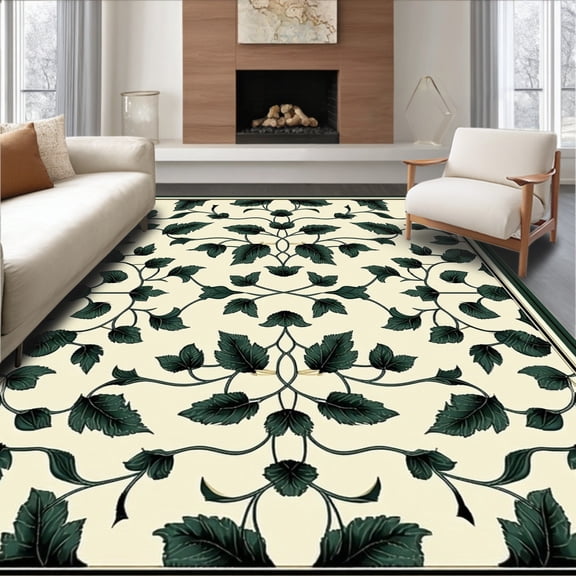 ODIKA 4'x6' Machine Washable Non-Slip Area Rug, Classic Botanical Featuring Dark Green and Ivory High Traffic Rug, Beige, 76114