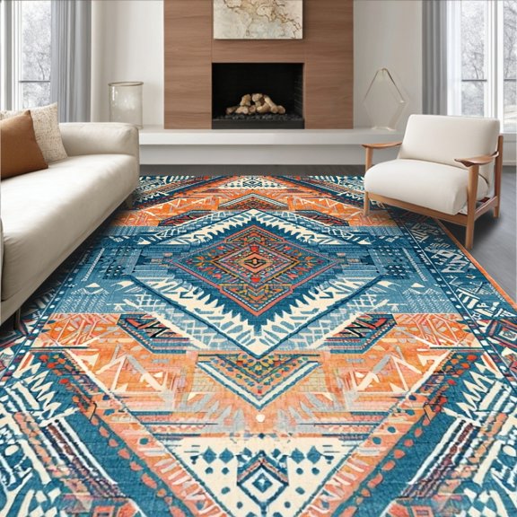 ODIKA 4' x 6' Machine Washable Non-Slip Area Rug, Tribal Diamond High Traffic Rug, Teal, 208863