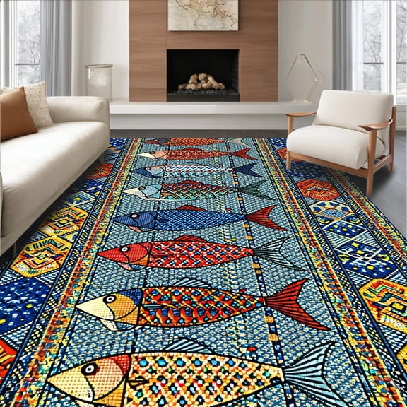 ODIKA 4' x 6' Machine Washable Non-Slip Area Rug, Tribal Fish High Traffic Rug, Blue, 2718