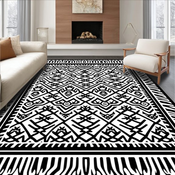 ODIKA 4' x 6' Machine Washable Non-Slip Area Rug, Tribal Zigzag High Traffic Rug, Black, 565736