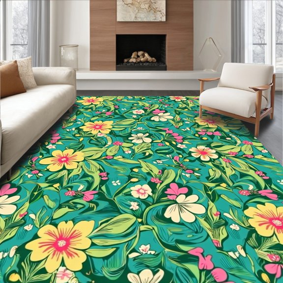 ODIKA 4' x 6' Machine Washable Non-Slip Area Rug, Tropical Flower High Traffic Rug, Green, 291906
