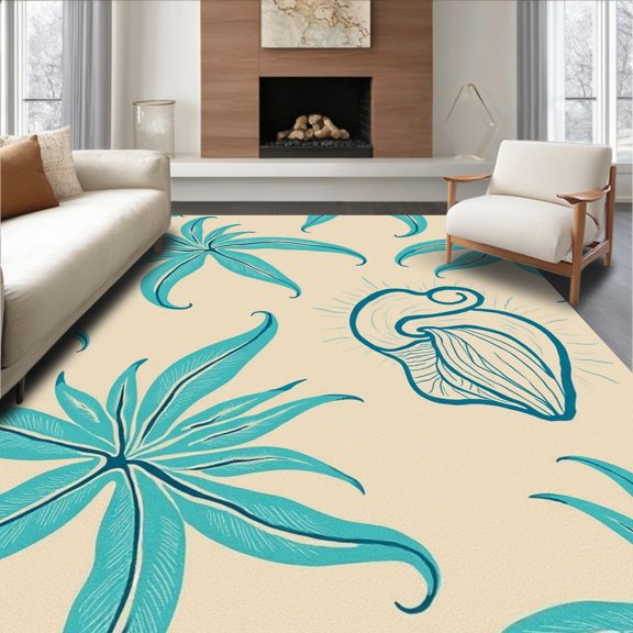 ODIKA 4' x 6' Machine Washable Non-Slip Area Rug, Tropical Leaf High Traffic Rug, Beige, 286672