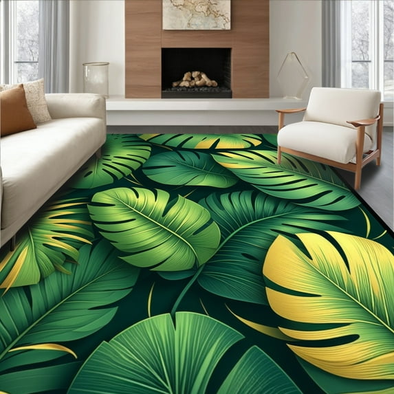 ODIKA 4' x 6' Machine Washable Non-Slip Area Rug, Tropical Leaf High Traffic Rug, Green, 10890