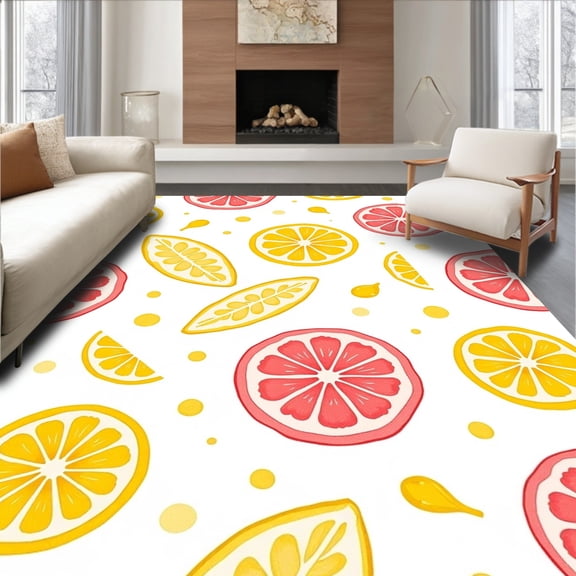 ODIKA 4' x 6' Machine Washable Non-Slip Area Rug, Tropical Lemon-Slice High Traffic Rug, Pink, 551810