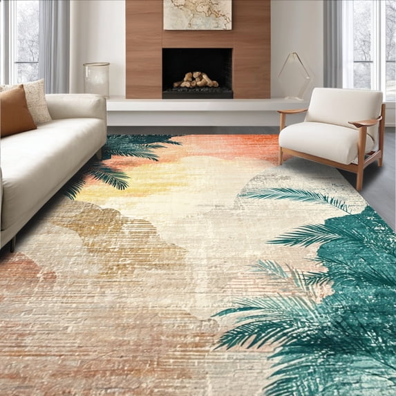 ODIKA 4' x 6' Machine Washable Non-Slip Area Rug, Tropical Palm-Frond High Traffic Rug, Orange, 170191