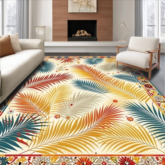ODIKA 4' x 6' Machine Washable Non-Slip Area Rug, Tropical Palm-Leaf High Traffic Rug, Yellow, 194076