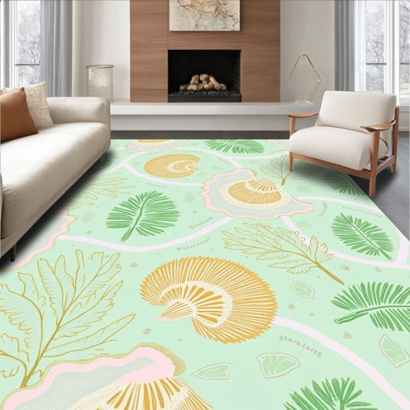ODIKA 4' x 6' Machine Washable Non-Slip Area Rug, Tropical Seashell High Traffic Rug, Green, 315580