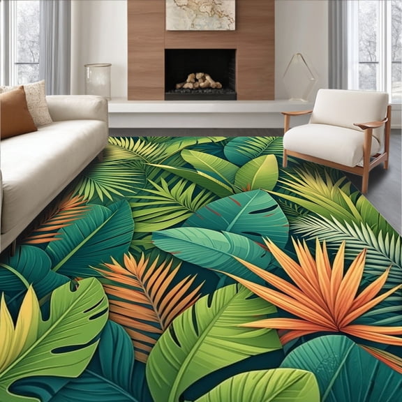 ODIKA 4' x 6' Machine Washable Non-Slip Area Rug, Tropical Split-Leaf High Traffic Rug, Lime Green, 280933