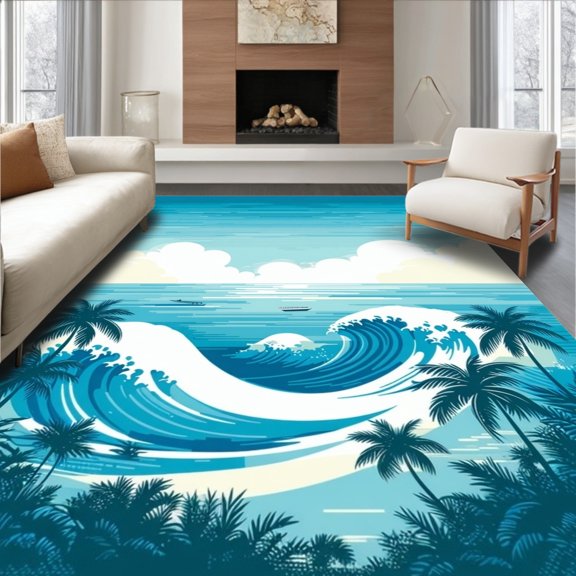 ODIKA 4' x 6' Machine Washable Non-Slip Area Rug, Tropical wave High Traffic Rug, Blue, 93669