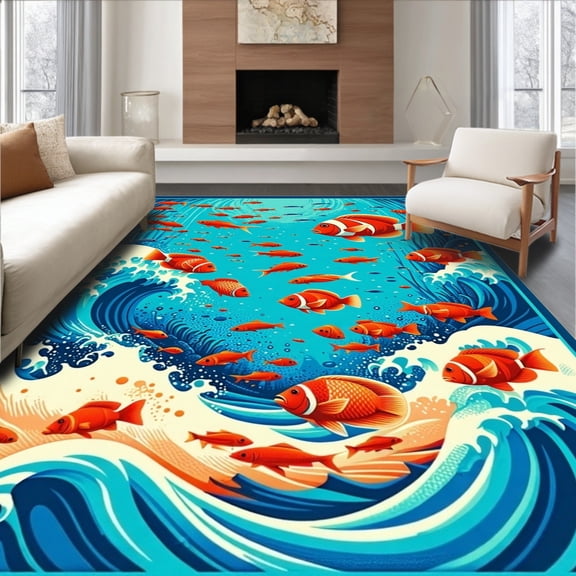 ODIKA 4'x6' Machine Washable Non-Slip Area Rug, Dynamic Sea Life with Interwoven Tropical Fish and Waves High Traffic Rug, Red, 272875
