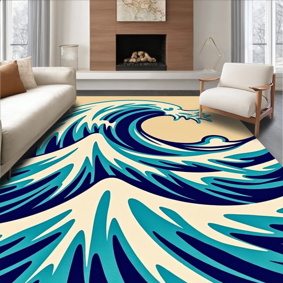 ODIKA 4'x6' Machine Washable Non-Slip Area Rug, Mystic Ocean Wave Treasure High Traffic Rug, Beige, 396542
