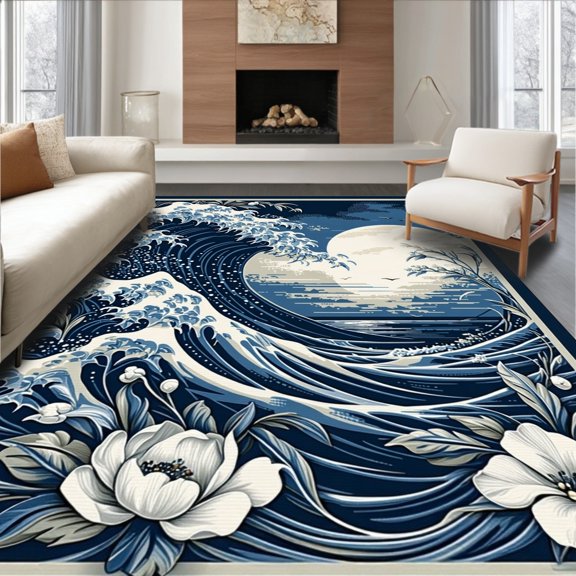 ODIKA 4'x6' Machine Washable Non-Slip Area Rug, Vintage Nautical Inspired Swirl with Ornate Detailing High Traffic Rug, Blue, 214978