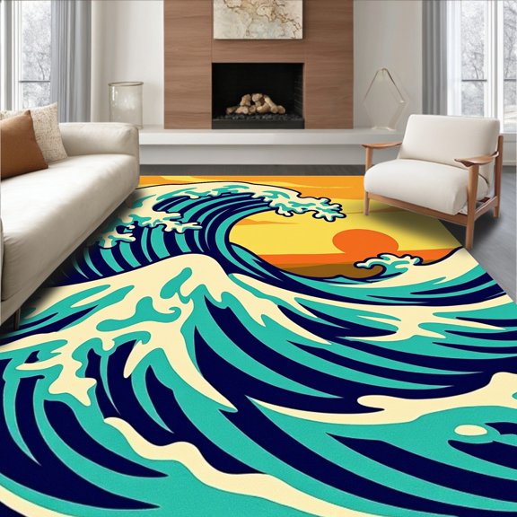 ODIKA 4'x6' Machine Washable Non-Slip Area Rug, Artistic Wave Ocean Abstract Design High Traffic Rug, Blue, 496155