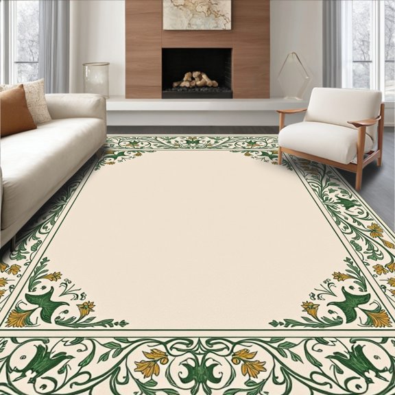 ODIKA 4' x 6' Machine Washable Non-Slip Area Rug, Victorian Leaf High Traffic Rug, Beige, 467379