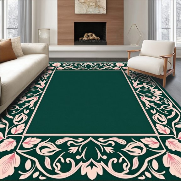ODIKA 4' x 6' Machine Washable Non-Slip Area Rug, Victorian Leaf High Traffic Rug, Green, 457078