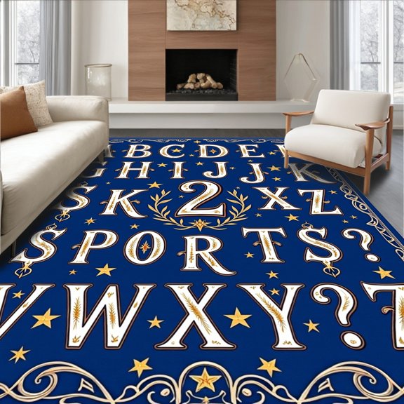 ODIKA 4' x 6' Machine Washable Non-Slip Area Rug, Victorian Letter High Traffic Rug, Blue, 691073