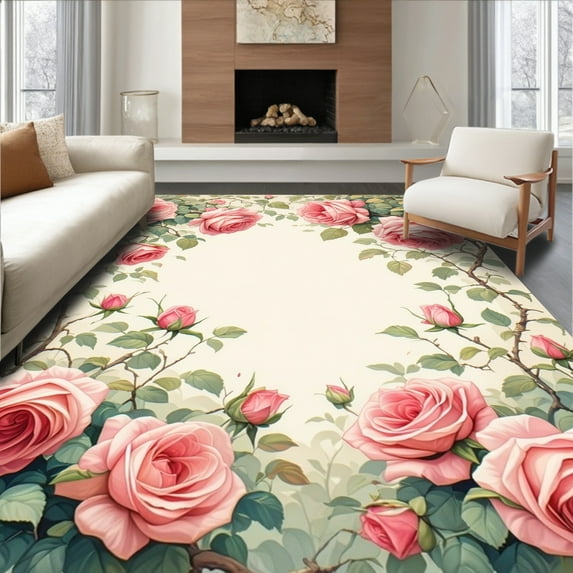 ODIKA 4'x6' Machine Washable Non-Slip Area Rug, Charming Rose Garden Bloom High Traffic Rug, Pink, 220880