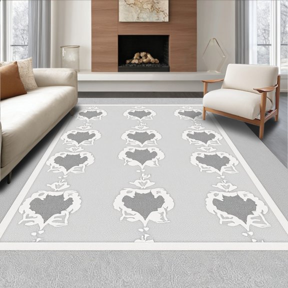 ODIKA 4' x 6' Machine Washable Non-Slip Area Rug, Victorian heart High Traffic Rug, Gray, 322949