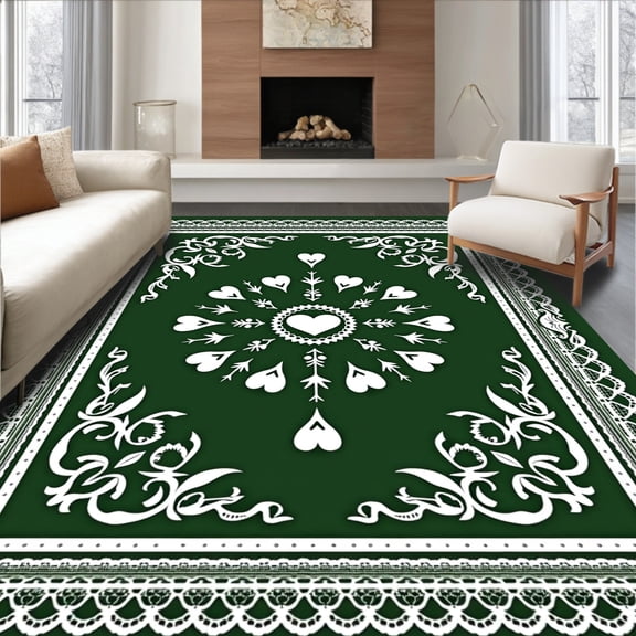 ODIKA 4'x6' Machine Washable Non-Slip Area Rug, Lace Doily Hearts Tree Skirt Vintage Romance Holiday Floor High Traffic Rug, Green, 741017