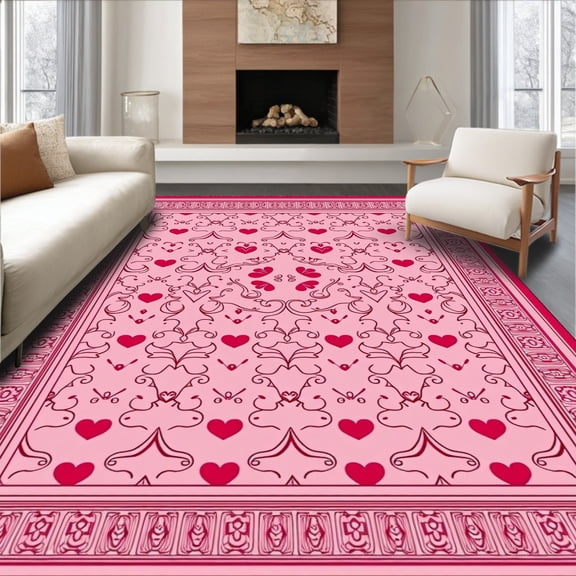 ODIKA 4'x6' Machine Washable Non-Slip Area Rug, Valentine Tree Skirt Romantic Festive Holiday Decoration High Traffic Rug, Pink, 741011